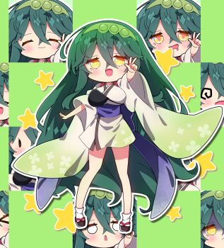 Rule 34 | > <, 1girl, :d, @ @, black sandals, blush, breasts, brown kimono, chibi, closed eyes, closed mouth, commentary request, drooling, green hair, green hairband, hair between eyes, hairband, hand up, heart, heart-shaped pupils, highres, japanese clothes, kimono, large breasts, long hair, long sleeves, milkpanda, mouth drool, multiple expressions, multiple views, nose blush, obi, open mouth, sandals, sash, short eyebrows, smile, socks, standing, star (symbol), symbol-shaped pupils, tabi, thick eyebrows, touhoku zunko, very long hair, voiceroid, w, wavy mouth, white socks, wide sleeves, yellow eyes, zouri
