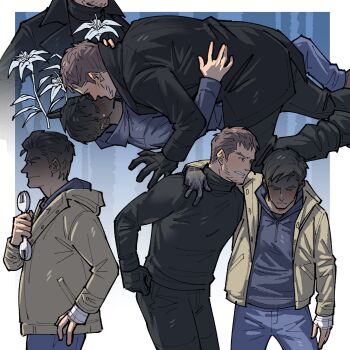 Rule 34 | 2boys, arm around shoulder, arm support, bandaged hand, bandages, black gloves, black pants, black shirt, blonde hair, blue pants, blue shirt, border, brown hair, chris redfield, closed eyes, closed mouth, commentary, couple, denim, english commentary, ethan winters, facial hair, flower, gloves, hand on another's back, highres, holding, holding wrench, jacket, jeans, kalamari, kiss, kneeling, long sleeves, lying, male focus, multiple boys, multiple views, on back, open clothes, open jacket, outside border, pants, resident evil, resident evil village, shaded face, shirt, short hair, turtleneck, white border, white flower, wrench, yaoi, yellow jacket