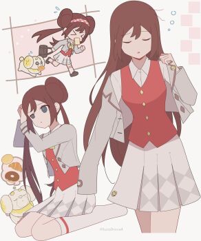 >_< 1girl absurdres blue_eyes bread bread_slice brown_hair closed_mouth collared_shirt commentary_request dog donut_hair_bun double_bun fidough flying_sweatdrops food food_in_mouth grey_jacket hair_bun hair_down highres jacket late_for_school long_hair long_sleeves mouth_hold neckerchief nintendo official_alternate_costume open_clothes open_jacket parted_lips pokemon pokemon_(creature) pokemon_masters_ex red_vest rone_(5uno0nova4) rosa_(academy)_(pokemon) rosa_(pokemon) running school_uniform shirt shoes skirt socks speech_bubble thought_bubble toast toast_in_mouth twintails tying_hair vest white_shirt white_socks yellow_neckerchief