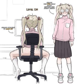 1girl @_@ ass between_legs blonde_hair blush bottomless chair closed_mouth coke-bottle_glasses convenient_censoring earrings fang full_body glasses hair_intakes hair_ornament hand_between_own_legs highres implied_fingering implied_masturbation indoors jacket jewelry lightning_bolt_earrings lightning_bolt_symbol long_hair long_sleeves monitor motion_lines multicolored_hair multiple_views office_chair opaque_glasses phase_connect pink_hair pink_jacket pleated_skirt rinkou_ashelia rinkou_ashelia_(lia_2.0) round_eyewear shoes simple_background sitting skirt sneakers socks solo standing streaked_hair sweat swivel_chair track_jacket twintails virtual_youtuber white_background white_shoes white_socks zlix0n
