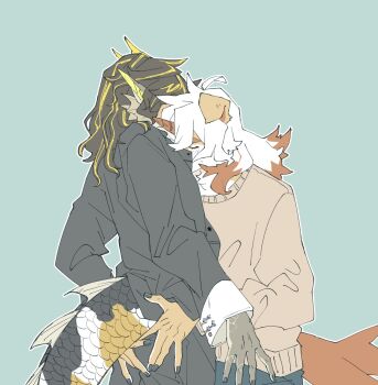 2boys arknights black_nails caressing chinese_commentary closed_eyes dragon_boy dragon_horns fins fish_tail furry furry_male grabbing_another&#039;s_ass groping gure_zzz_ark highres horns hung_(arknights) lee_(arknights) long_hair male_focus multicolored_hair multiple_boys mythological_creature pointy_ears simple_background single_horn tail yaoi