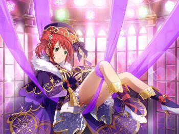 Rule 34 | 1girl, cape, container, cosplay, dress, earrings, fingerless gloves, fur-trimmed cape, fur trim, game cg, gloves, greek mythology, hair bun, hair ornament, hat, high heels, holding, jewelry, kano misora, official art, pandora (mythology), pandora (mythology) (cosplay), parted lips, purple cape, purple dress, purple gloves, purple hat, purple socks, red hair, shoes, shoujo kageki revue starlight, shoujo kageki revue starlight -re live-, socks, solo, white shoes, yellow eyes