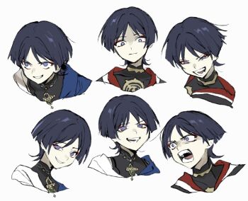 2boys black_bodysuit black_hair black_kimono black_mouth blue_cape blunt_ends bodysuit bright_pupils cape constricted_pupils covered_collarbone cropped_torso dual_persona empty_eyes multiple_expressions eyeliner eyeshadow genshin_impact gold grey_eyes grin han&#039;eri highres japanese_clothes jewelry kimono looking_at_viewer looking_past_viewer makeup mandarin_collar meameeea multiple_boys neck_ring open_clothes open_kimono open_mouth parted_bangs purple_eyes red_eyeliner red_eyeshadow red_kimono sanpaku scaramouche_(genshin_impact) shoulder_peek smile smirk smug staring teeth tongue uneven_eyes wanderer_(genshin_impact) white_kimono white_pupils