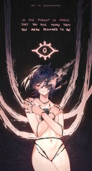 1boy absurdres black_background black_nails blue_hair closed_mouth commentary crying doll_joints english_commentary english_text expressionless eyeliner genshin_impact hand_on_own_chest highres joints makeup male_focus nekojinnyart nude puppet_strings red_eyeliner scaramouche_(genshin_impact) scaramouche_(kabukimono)_(genshin_impact) short_hair solo twitter_username