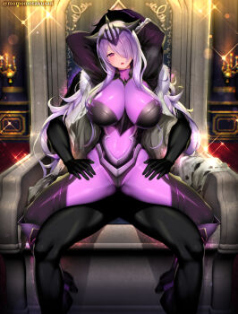 1boy 1girl arms_up black_bodysuit blush bodysuit breasts cameltoe camilla_(fire_emblem) camilla_(light_of_nohr)_(fire_emblem) camilla_(light_of_nohr)_(resplendent)_(fire_emblem) candle cape elbow_gloves fire_emblem fire_emblem_fates fire_emblem_heroes fur-trimmed_cape fur_trim gloves hair_over_one_eye highres impossible_bodysuit impossible_clothes kashiwamochi_yomogi large_breasts long_hair navel nintendo official_alternate_costume open_mouth parted_lips pink_eyes purple_bodysuit purple_eyes purple_gloves purple_hair sitting sitting_on_throne skin_tight sparkle throne tiara torn_cape torn_clothes very_long_hair wavy_hair
