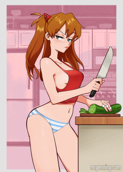 1girl artist_name ass blue_eyes blush breasts brown_hair cleavage cookie curvy embarrassed food indoors injury interface_headset_(evangelion) kitchen long_hair looking_at_viewer mrpenguin navel neon_genesis_evangelion panties parted_lips red_skirt shiny_skin skirt solo souryuu_asuka_langley standing striped_clothes striped_panties tsundere underwear white_panties wide_hips