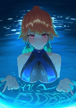 absurdres blue_one-piece_swimsuit breasts chainsaw_man closed_mouth earrings feather_earrings feathers gradient_hair green_hair highres hololive hololive_english i&#039;ll_teach_you_everything_(chainsaw_man) jewelry large_breasts long_hair looking_at_viewer multicolored_hair official_alternate_costume one-piece_swimsuit partially_submerged perfume_(takanashi_kiara) pink_eyes scene_reference see-through_clothes see-through_one-piece_swimsuit smile specwamen swimsuit takanashi_kiara water wet