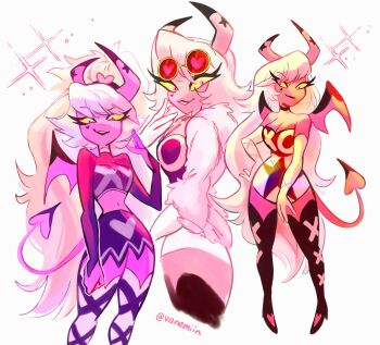 3girls breasts colored_skin demon_girl demon_horns demon_tail glasses hellaverse helluva_boss highres horns large_breasts long_hair looking_at_viewer multiple_girls pink_eyes pink_skin tail vanemiin verosika_mayday white_hair