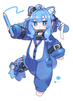 ahoge animal_ear_fluff animal_ear_piercing animal_ears arm_belt barefoot bell belt blue_eyes blue_hair blue_pajamas blue_tail blush bow bright_pupils buttons chibi collar colored_eyelashes commentary_request crayon crop_top ear_belt flat_chest full_body hair_bow hair_intakes hair_ornament hairpin highres holding holding_crayon jitome long_sidelocks medium_hair multiple_belts naz_(736) open_pajamas original pajamas sidelocks sleeves_past_wrists slit_pupils smile spiked_collar spikes standing tail tail_bell tail_belt tail_ornament thick_eyebrows thick_eyelashes unkempt walking white_background white_pupils