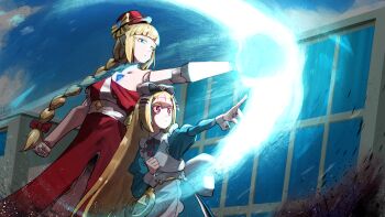 2girls absurdres blonde_hair blue_eyes blue_sky bow braid braided_ponytail building cloud day dress energy energy_barrier expressionless hair_bow hat highres joints long_hair mahou_shoujo_ni_akogarete makotogab mixed-language_commentary morino_korisu multiple_girls nero_alice outdoors pointing porkpie_hat purple_eyes roboko_(mahou_shoujo_ni_akogarete) robot_girl robot_joints sky very_long_hair