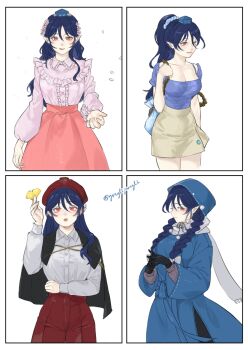 Rule 34 | 1girl, alternate costume, alternate hairstyle, arm across waist, arm up, bag, beret, black capelet, black gloves, blue dress, blue hair, blue hat, blue scrunchie, bow, braid, breasts, buttons, capelet, cleavage, collared shirt, commentary, cowboy shot, cross-laced capelet, dress, falling petals, flower, frilled shirt, frilled shirt collar, frills, ginkgo leaf, gloves, gonglijeongli, hair bow, hair flower, hair ornament, hair scrunchie, hand up, hat, highres, hooded dress, iizunamaru megumu, interlocked fingers, jirai kei, large breasts, leaf, long hair, long sleeves, looking at viewer, medium skirt, multiple views, own hands together, pants, pencil skirt, petals, pink shirt, pointy ears, pom pom (clothes), ponytail, puffy long sleeves, puffy sleeves, purple sweater, red eyes, red pants, red skirt, scarf, scrunchie, shirt, shoulder bag, side slit, sideways glance, simple background, skirt, smile, straight-on, sweater, symbol-only commentary, tokin hat, touhou, twin braids, waist ribbon, white background, white bow, white scarf, white shirt, yellow shirt