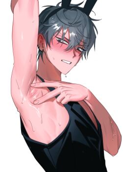 1boy alien_stage animal_ears arm_up armpits black_tank_top blue_hair blush caramel_fucks closed_mouth commentary ear_piercing earrings embarrassed english_commentary fake_animal_ears hair_between_eyes highres jewelry male_focus piercing shiny_skin solo spread_armpit sweat tank_top teeth till_(alien_stage) upper_body