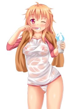 1girl artist_self-insert bad_deviantart_id bad_id blush breasts brown_hair brushing_teeth covered_erect_nipples female_focus glass highres holding long_hair looking_at_viewer medium_breasts nipples no_bra no_pants nottytiffy one_eye_closed orange_hair original panties red_eyes see-through_clothes shirt smile solo tiffy_(nottytiffy) toothbrush towel underwear water wet wet_clothes wet_panties wet_shirt white_background white_panties