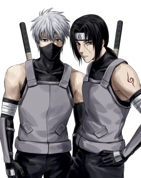 2boys arm_guards black_eyes black_gloves black_hair black_headband black_pants commentary elbow_gloves forehead_protector gloves grey_hair grey_vest hand_on_own_hip hashtag-only_commentary hatake_kakashi headband heterochromia highres konohagakure_anbu_uniform konohagakure_symbol male_focus mask mikanyuku mouth_mask multiple_boys naruto_(series) naruto_shippuuden pants ponytail red_eyes scar scar_across_eye scar_on_face sharingan shoulder_tattoo sword sword_on_back tattoo turtleneck uchiha_itachi vest weapon weapon_on_back