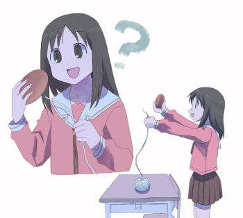 1girl :d ? @_@ azumanga_daioh&#039;s_school_uniform azumanga_daiou brown_eyes brown_hair brown_ribbon brown_skirt chair collarbone commentary desk detached_hair highres holding holding_own_hair holding_string kasuga_ayumu long_sleeves medium_hair miniskirt multiple_views neck_ribbon open_mouth pink_sailor_collar pink_shirt ponnu_(28kuroneko) ribbon sailor_collar school_chair school_desk school_uniform serafuku shirt simple_background skirt smile standing string upper_body white_background white_sailor_collar