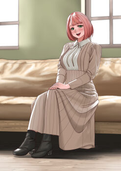 Rule 34 | 1girl, absurdres, amoemo, black boots, blurry, blurry background, boots, breasts, commentary request, couch, day, dress, green eyes, grey dress, hands on own legs, highres, indoors, looking at viewer, on couch, open mouth, original, pink hair, short hair, sitting, window