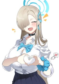 1girl asuna_(blue_archive) asuna_(school_uniform)_(blue_archive) blonde_hair blue_archive blue_bow blue_bowtie blue_halo blue_skirt blush bow bowtie breasts button_gap choker closed_eyes collarbone commentary_request doodle_sensei_(blue_archive) hair_over_one_eye halo heart heart_hands highres large_breasts long_hair open_mouth scrunchie sensei_(blue_archive) shirt skirt sleeves_rolled_up smile user_pjjr4843 very_long_hair white_shirt wrist_scrunchie
