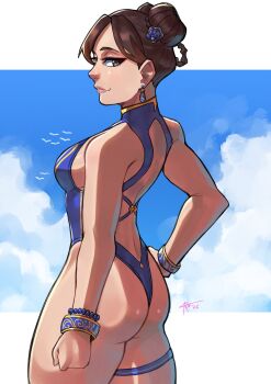 1girl absurdres alternate_costume ass back_cutout bead_bracelet beads belt blue_one-piece_swimsuit bracelet breasts brown_eyes brown_hair capcom chun-li clothing_cutout cloud cloudy_sky commentary corviwing curvy dated double_bun earrings english_commentary flower from_side hair_bun hair_flower hair_ornament hair_rings hand_on_own_hip highleg highleg_one-piece_swimsuit highres huge_ass jewelry looking_at_viewer official_alternate_costume one-piece_swimsuit sideways_glance signature sky solo street_fighter street_fighter_6 swimsuit thigh_belt thigh_strap thong_one-piece_swimsuit wide_hips