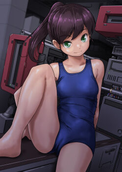 1girl barefoot black_hair blue_one-piece_swimsuit breasts cameltoe commentary_request green_eyes highres long_hair looking_at_viewer machine one-piece_swimsuit original rohitsuka school_swimsuit sitting small_breasts solo swimsuit