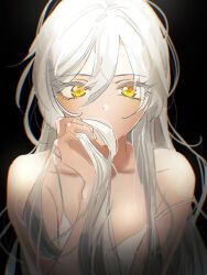 Rule 34 | 1girl, alternate hairstyle, black background, camisole, collarbone, covered mouth, fingernails, gradient hair, grey hair, hair between eyes, highres, holding, holding hair, idolmaster, idolmaster shiny colors, long hair, multicolored hair, paddy field, shirase sakuya, simple background, solo, strap slip, upper body, very long hair, white camisole, white hair, yellow eyes