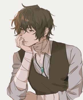 Rule 34 | 1boy, bandaged arm, bandaged neck, bandages, bolo tie, brown eyes, brown hair, bungou stray dogs, collared shirt, dazai osamu (bungou stray dogs), hair between eyes, hand on own chin, male focus, pigon, shirt, short hair, simple background, solo, vest, waistcoat, white background, white shirt