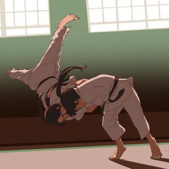 2girls 55bata6rou amane_erika backlighting barefoot belt black_belt black_hair closed_eyes dougi floating_hair full_body gym highres hiura_towa judo karate_gi long_hair martial_arts_belt mou_ippon! multiple_girls pants ponytail shirt smear_frame standing sweat throwing throwing_person twintails upside-down white_pants white_shirt window