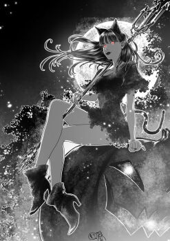 1girl animal_ears cat_ears cat_tail closed_mouth collarbone crossed_legs dated dress full_body full_moon greyscale halloween highres holding holding_polearm holding_weapon jack-o&#039;-lantern kawakami_tomie lipstick long_hair looking_at_viewer makeup mole mole_under_eye monochrome moon non_(nonbiriya_mini) polearm pumpkin solo spot_color tail tomie trident weapon