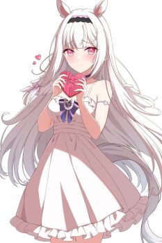 1girl aletta_sky animal_ears box breasts commentary_request commission cowboy_shot dress feathered_wings frilled_dress frills gift gift_box heart heart-shaped_box highres horse_ears horse_tail long_hair looking_at_viewer medium_breasts mini_wings pink_eyes production_kawaii rin_ateria simple_background skeb_commission sleeveless sleeveless_dress solo spaghetti_strap tail virtual_youtuber white_background white_dress white_hair white_wings wings