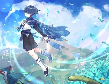 1boy armor arms_at_sides belt bird black_belt black_bridal_gauntlets black_hair black_sandals black_shorts blue_cape blue_gem blue_sky blue_sleeves blunt_ends body_markings bridal_gauntlets cape closed_eyes clothing_cutout cloud cloudy_sky commentary_request facing_to_the_side falling_leaves feathers floating from_side full_body gem genshin_impact glowing_markings gold_ring gurumin_(gurruguru) hip_vent japanese_armor japanese_clothes kimono kote kurokote layered_sleeves leaf leg_warmers lens_flare levitation male_focus midair middle_ring mountainous_horizon open_hand open_mouth outdoors pom_pom_(clothes) profile purple_rope purple_sash rope sandals sash scaramouche_(genshin_impact) short_sleeves shorts sky solo stirrup_legwear tassel toeless_legwear toes tree wanderer_(genshin_impact) watermark white_kimono white_leg_warmers white_sleeves white_trim wind yellow_feathers zouri