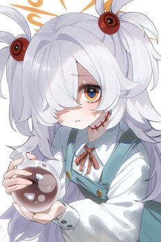 1girl blue_archive blue_dress buttons collared_shirt dress flask hair_bobbles hair_ornament hair_over_one_eye highres holding kanoe_(blue_archive) long_hair long_sleeves looking_at_viewer multicolored_eyes neck_ribbon parted_lips pinafore_dress red_ribbon ribbon round-bottom_flask shirt simple_background sleeveless sleeveless_dress solo stitches sweatdrop two_side_up upper_body white_background white_hair white_shirt yellow_eyes zain_(jiha3905)