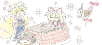 Rule 34 | 4girls, = =, animal ears, animal print, blonde hair, blue tabard, bottle, bow, bowl, bowtie, brown hair, cat ears, cat girl, cat print, chen, closed eyes, coat, commentary, cup, dress, drink request, drooling, food, fox ears, fox tail, frilled tabard, frills, fruit, gap (touhou), green hat, hair bow, hat, hat ribbon, holding, holding bottle, holding plate, kotatsu, long hair, lying, mandarin orange, matara okina, mob cap, multiple girls, multiple tails, number sign, on stomach, open mouth, orange sleeves, plate, red bow, red coat, red ribbon, red vest, ribbon, shirt, short hair, sketch, sweatdrop, tabard, table, tail, teacup, touhou, ugetsu, under kotatsu, under table, vest, white background, white dress, white hat, white shirt, yakumo family (touhou), yakumo ran, yakumo yukari, yellow bow, yellow bowtie, yellow eyes, yunomi