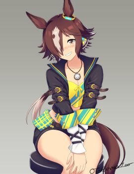 1girl absurdres animal_ears black_jacket black_shorts blush breasts brown_eyes brown_hair cleavage commentary cropped_jacket english_commentary feet_out_of_frame grey_background grin hair_over_one_eye highres horse_ears horse_girl horse_tail jacket long_hair long_sleeves looking_at_viewer multicolored_hair nose_blush open_clothes open_jacket originalgamerleo own_hands_together shorts signature simple_background sitting sleeves_past_wrists small_breasts smile solo stool tail two-tone_hair umamusume very_long_hair vodka_(umamusume) vodka_(wild_top_gear)_(umamusume) white_hair