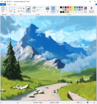 art_program_in_frame christian_young cloud cloudy_sky day fog grass landscape microsoft_paint_(medium) microsoft_paint_(software) mountain mountainous_horizon no_humans original outdoors painterly path road scenery sky tree