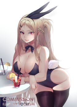 1girl animal_ears bare_arms bare_shoulders black_leotard black_ribbon black_thighhighs blonde_hair borrowed_character braid breasts cleavage commentary commission cup detached_collar drinking_straw english_commentary eyeshadow fake_animal_ears fake_tail food fruit gradient_background grey_eyeshadow hair_ornament hairpin half_up_braid highres large_breasts leaning_forward lemon lemon_slice leotard long_hair looking_at_viewer makeup neck_ribbon original parted_bangs playboy_bunny rabbit_ears rabbit_tail raina_archid_brande_(xraydreads) red_eyes ribbon sharp_teeth solo strapless strapless_leotard table tail teeth thighhighs tsurime very_long_hair white_wrist_cuffs wrist_cuffs x_hair_ornament yoclesh