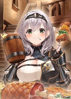 1girl armor beer_mug black_gloves borumete braid breasts chest_guard chest_harness chest_strap cleavage cleavage_cutout closed_mouth clothing_cutout collared_shirt commentary_request copyright_name crossed_bangs cup double-parted_bangs eating fingerless_gloves food food_in_mouth food_on_face gloves green_eyes grey_hair hair_between_eyes hands_up harness highres holding holding_cup holding_skewer hololive indoors large_breasts looking_at_viewer medium_hair mole mole_on_breast mug official_art pauldrons shirogane_noel shirogane_noel_(1st_costume) shirt shoulder_armor side_braid single_pauldron skewer solo tabard upper_body vambraces virtual_youtuber wavy_hair white_shirt