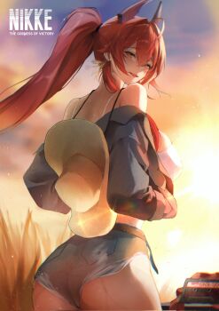 1girl ahoge ass bare_shoulders black_horns breasts camisole commentary_request copyright_name cowboy_hat cutoffs denim denim_jacket from_behind goddess_of_victory:_nikke hair_intakes hat hat_on_back highres horns jacket korean_commentary large_breasts mechanical_horns n1n1 official_alternate_costume open_mouth ponytail red_hair red_hood_(nikke) red_hood_(retro_days)_(nikke) revision solo tank_top white_camisole white_tank_top yellow_eyes