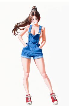 bad_tag breasts fatal_fury hands_in_pockets highres hoshino_akarii large_breasts long_hair overalls ponytail shiranui_mai smile
