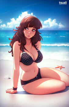 1girl arm_support artist_collaboration artist_name bare_shoulders beach bikini black_bikini breasts brown_eyes brown_hair cleavage closed_mouth cloud collarbone contrail dark-skinned_female dark_skin day female_focus hairband horizon large_breasts long_hair looking_to_the_side navel ocean on_ground original polka_dot polka_dot_bikini raichiyo33 sand seashell shell sitting smile solo starfish sweatband swimsuit tsuaii water yokozuwari