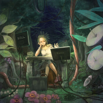 Rule 34 | 1girl, bad id, bad pixiv id, brand name imitation, computer, dell, dress, female focus, flower, green eyes, green hair, highres, kyoko nishimura, matching hair/eyes, nature, original, solo, tree