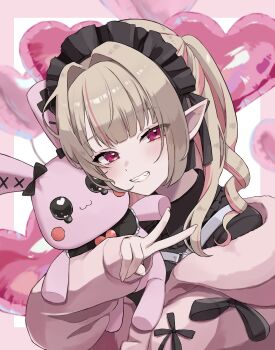 1girl balloon black_dress black_headdress black_ribbon blunt_bangs blurry blush border chest_harness collared_dress colored_inner_hair debitto_(makaino_ririmu) depth_of_field dress drill_hair fangs frilled_shirt_collar frills grey_hair grin hair_intakes hair_over_shoulder harness hashtag-only_commentary heart heart_balloon heart_in_eye highres holding holding_stuffed_toy hood hood_down hooded_jacket jacket long_hair looking_at_viewer maid maid_headdress makaino_ririmu makaino_ririmu_(5th_costume) multicolored_hair mzir_yu2 nijisanji off_shoulder outside_border pink_border pink_hair pink_jacket pink_streaks pointy_ears portrait red_eyes ribbon sidelocks sleeves_past_wrists smile solo standing streaked_hair stuffed_animal stuffed_rabbit stuffed_toy symbol_in_eye two-tone_hair two_side_up v virtual_youtuber white_background