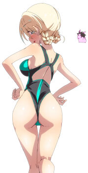 1girl absurdres ass blonde_hair blue_eyes blush braid breasts commentary_request darjeeling_(girls_und_panzer) girls_und_panzer hands_on_own_hips highres jinguu_(4839ms) large_breasts looking_at_viewer looking_back open_mouth shoulder_blades simple_background smile solo swimsuit white_background