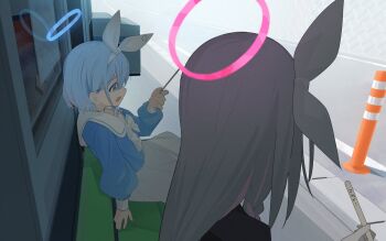 2girls anohito401 arona_(blue_archive) black_coat black_shirt blue_archive blue_hair blue_shirt bow bowtie bus_stop_shelter coat commentary_request hairband halo long_hair long_sleeves looking_at_another looking_at_object multicolored_hair multiple_girls on_bench pink_hair plana_(blue_archive) popsicle_stick puffy_long_sleeves puffy_sleeves reflection ribbon road sailor_collar shirt short_hair sidelocks sitting skirt sleeve_cuffs traffic_cone translation_request two-tone_hair white_bow white_bowtie white_hair white_hairband white_ribbon white_sailor_collar white_skirt window