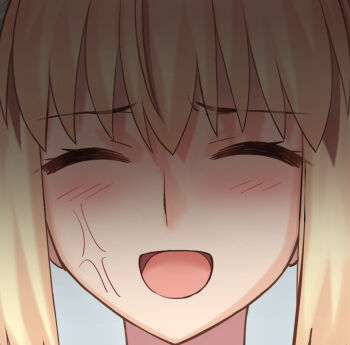 1girl anger_vein artoria_caster_(fate) artoria_caster_(swimsuit_berserker)_(second_ascension)_(fate) artoria_pendragon_(fate) besmiled blush close-up closed_eyes commentary_request false_smile fate/grand_order fate_(series) grey_background indoors laughing long_hair open_mouth simple_background smile solo tongue twintails