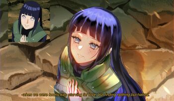 1girl :d black_hair commentary derivative_work english_commentary english_text eyelashes flak_jacket hand_on_own_chest highres hyuuga_hinata jacket long_hair naruto_(series) naruto_shippuuden no_pupils open_mouth scene_reference screenshot_inset screenshot_redraw smile solo upper_body zimo_on