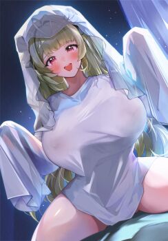 1girl alternate_costume antenna_hair black_ribbon blunt_bangs blush breasts chihaya_510 commentary covered_erect_nipples cowboy_shot curtains dutch_angle ghost_costume goddess_of_victory:_nikke green_hair hair_ribbon hair_rings heart_antenna_hair highres hood hood_up large_breasts long_hair looking_at_viewer nipples no_bra open_mouth purple_eyes ribbon see-through_clothes see-through_hood sitting sleeves_past_fingers sleeves_past_wrists smile soda_(nikke) solo spread_legs twintails