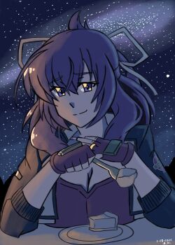 Rule 34 | 1girl, absurdres, ao no kiseki, artist request, bob cut, breasts, cake, cake slice, cleavage, commentary, dated, double-parted bangs, eiyuu densetsu, english commentary, food, hair between eyes, hair rings, half updo, highres, holding, holding spoon, large breasts, long hair, looking at viewer, milky way, night, outdoors, plate, purple eyes, purple hair, rixia mao, signature, sky, solo, spoon, star (sky), starry sky, zero no kiseki