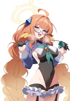 1girl :d absurdres ahoge aqua_eyes aqua_neckerchief black_leotard blue_archive blue_shrug blush braid braided_twintails breasts commentary covered_navel cowboy_shot fang feather_hair feathers glasses gloves groin hair_intakes half_gloves halo hands_up heart heart-shaped_pupils heattech_leotard heavy_breathing highleg highleg_leotard highres holding holding_riding_crop huge_ahoge large_breasts leotard long_hair long_sleeves looking_at_viewer low_twin_braids low_twintails naughty_face neckerchief official_alternate_costume official_alternate_hairstyle open_mouth orange_feathers orange_hair riding_crop semi-rimless_eyewear shimiko_(blue_archive) shimiko_(magical)_(blue_archive) shrug_(clothing) simple_background skin_fang skindentation smile solo super_highleg symbol-shaped_pupils td_(tandeom97) thighs turtleneck twin_braids twintails very_long_hair white_background yellow_feathers yellow_halo