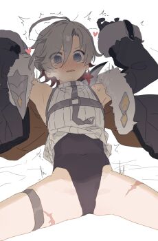 Rule 34 | 1boy, @ @, arms up, black gloves, black jacket, black leotard, blue eyes, blush, commentary request, cuntboy, earrings, fur-trimmed jacket, fur trim, genshin impact, gloves, hair between eyes, heart, highres, illuga (genshin impact), jacket, jewelry, leotard, long sleeves, looking at viewer, lying, male focus, mengaijiang924, nose blush, on back, open clothes, open jacket, parted lips, scar, scar on leg, scar on thighs, simple background, single earring, sleeveless, sleeveless turtleneck, solo, spread legs, sweat, tears, turtleneck