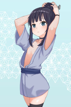1girl arms_up black_hair black_thighhighs blue_eyes blue_kimono blush breasts female_focus fishnet_top fishnets hair_bun highres japanese_clothes kimono kunoichi_tsubaki_no_mune_no_uchi loli long_hair maxdeng mokuren_(kunoichi_tsubaki_no_mune_no_uchi) nipple_slip nipples open_clothes open_kimono short_kimono short_sleeves small_breasts solo thighhighs thighs upper_body