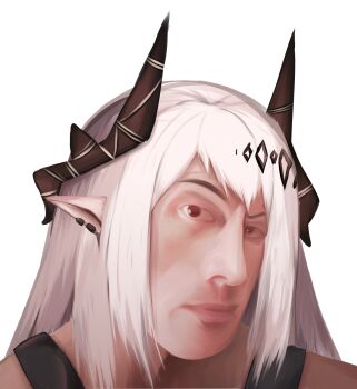 1girl arknights black_shirt brown_eyes ear_piercing highres horns iam_(nt_replicate) long_hair meme mudrock_(arknights) piercing pointy_ears portrait pun raised_eyebrow real_life realistic shirt tank_top the_rock&#039;s_eyebrow_raise_(meme) the_rock_(dwayne_johnson) transparent_background upper_body vine_boom_(meme) what white_hair